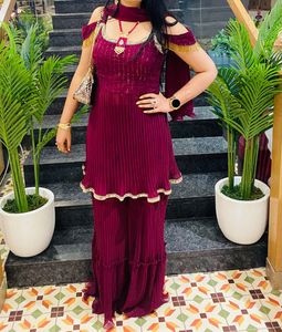 Elegant Maroon Kurta Sharara Set