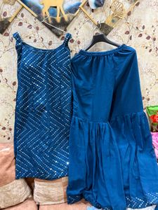 Mirror Work Teal Kurta Sharara Set