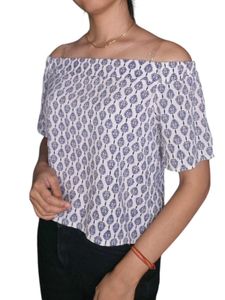 Chic White and Blue Off-Shoulder Top for Women