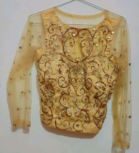 Golden Blouse &amp; Brown Skirt Set For 30 Bust