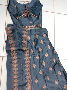 Grey Lehenga, Boat Neck With Back Tie And Hook