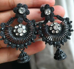 Black Jhumka & Blue Hang Earrings