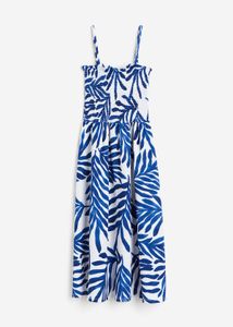 Blue & White Tropical Smocked Midi Dress