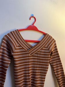 Brown Striped Ribbed Winter Top
