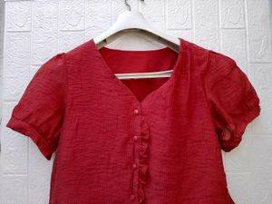 New with tag Chic Red Ruffled Button-Down Top