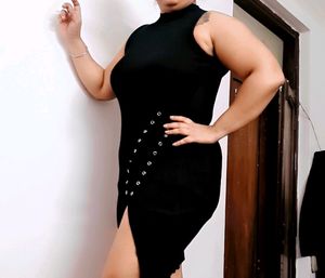 Black Bodycon High Neck Side Slit Dress