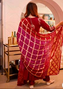 Aachho Maroon Angrakha Bandhej Suit Set XL