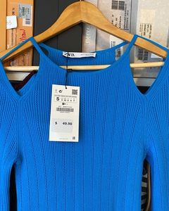 Zara Pointelle Blue Stretch Cold Shoulder Bodycon