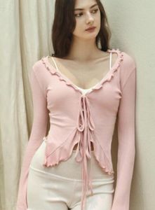 Pink Tie-Front Ribbed Top