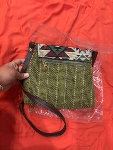 🆕 Olive Jute &amp; Leather Sling Bag