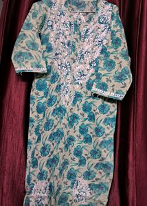 Sea Green Printed Embroidered Kurti