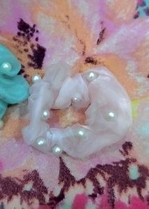 Pastel Pink And Green Coloured Beaded Scrunchies