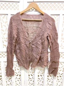 Brown Tie Front Sheer Knit Cardigan B