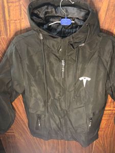 Stylish Black Polyester Jacket With Tesla Print