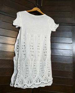 Women White Cutout Style Rayon Casual Tunic Top