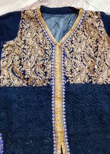 Elegant Navy &amp; Gold Embroidered Kurti Sharara Set