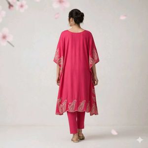 Pink Embroidered Kaftan Kurta Set made of natural