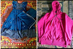 ✨Combo Of Blue Anarkali👗 With Pink Hoodie, 🧥 ✨