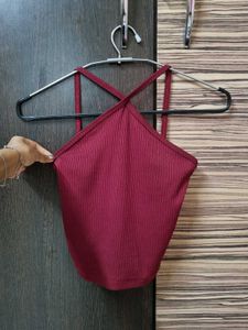 Ribbed Wine Red Cross-Back Crop Top – Size XS/S