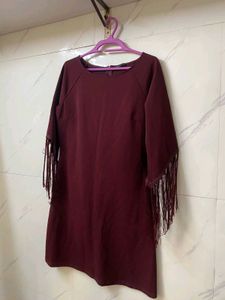 Chic Maroon Fringe Sleeve Dress – Size XL