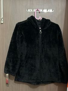 Fuzzy Black Hooded Jacket with cute cat hood