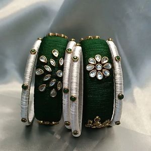 Emerald & Silver Silk Thread Bangles
