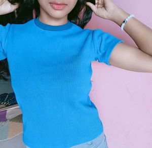 Blue Ribbed Knit Top
