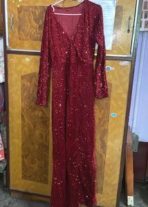 Velvet Red Sequin Evening Gown For Party