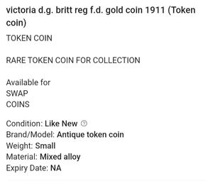 Victoria d g Britt Reg F.D Gold Coin 1911 TOKEN CO