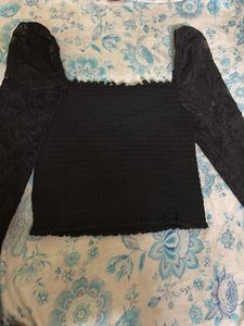 Midnight Muse Black Crop Top – Sheer Net Long Sle