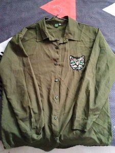 Olive Green Shirt with Cat Patch