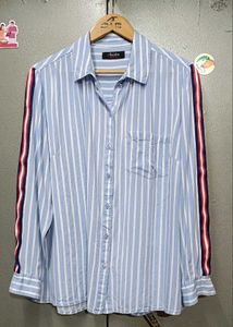 Branded Loose Fit Button Down - Blue Stripe Shirt