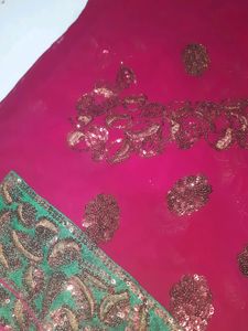 Embroidered Pink and Green Saree Fabric