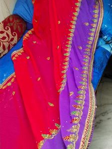 Pink And Golden Embroidery Design Saree...
