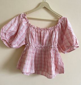 Pink Plaid Puff Sleeve Top