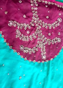 Embroidery Pink &amp; Sea Green Chiffon Saree