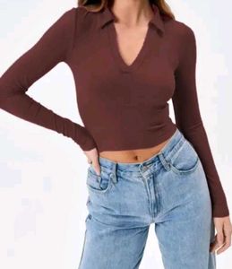 Coffee Brown Polo Crop Top