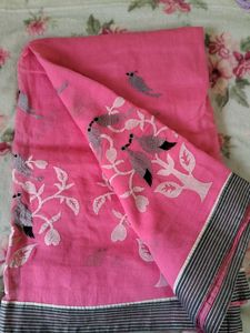 Pink Cotton Saree with Bird Embroidery