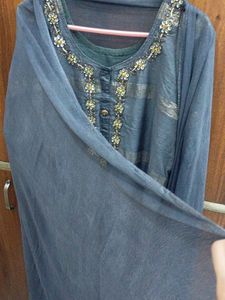 Cotton Hand Embroidered Kurta With Shiffon Dupatta