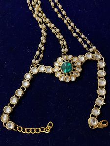 Emerald Green Kundan Hand Ring And Cuff