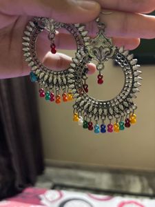 Silver Oxidised Colourful Jhumkas