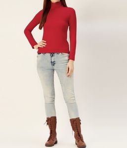 Red Full Sleeves Turtle Neck Top