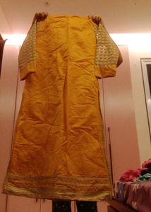 Mustard Net Sleeves Stand Collar Kurti