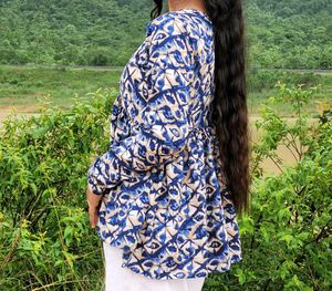 Blue Patterned Long Sleeve Top