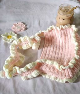 Pink Crochet Ruffle Shoulder Bag