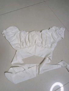 White Off-Shoulder Tie Top