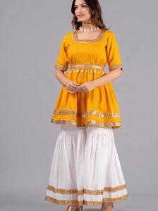 Stylish Yellow Kurta with White Sharara