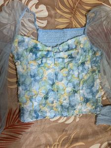 Blue And Green Design Sweet Heart Neck Top