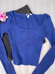 Blue Ribbed Long Sleeve Top