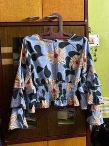 Blue Floral Crepe Top